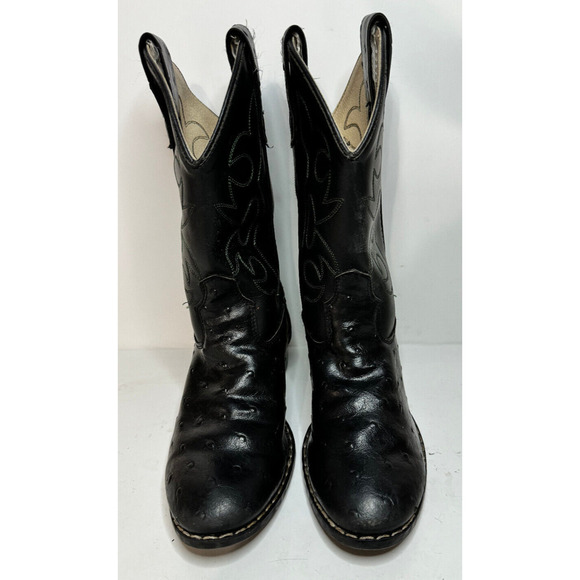 Old West Other - Old West Kids Black Faux Ostrich Print Cowboy Western Boots Size 1.5 Youth